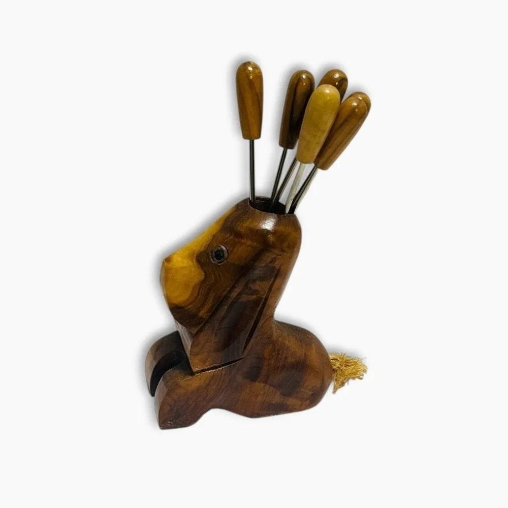 Vintage Wood Dog Bunny Hors D'oeuvres Olive Cocktail Picks Holder Forks Barware